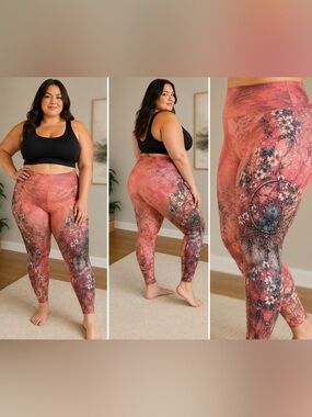 Evolution & Creation Coral Floral Dreamcatcher Leggings Plus Size 3X Boho Active
